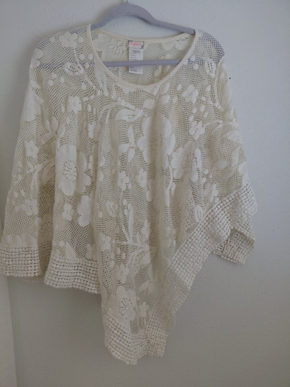 Free People Sheer Floral Lace Ivory Poncho Cotton Boho